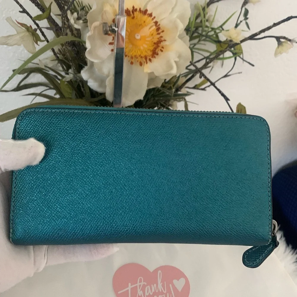 Coach Metallic Turquoise Accordion Zip Around Wallet